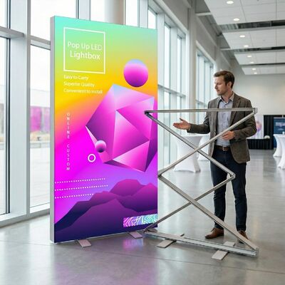 Caja de luz LED de doble cara con gráficos vibrantes sublimados por sublimación y montaje sin herramientas para ferias comerciales